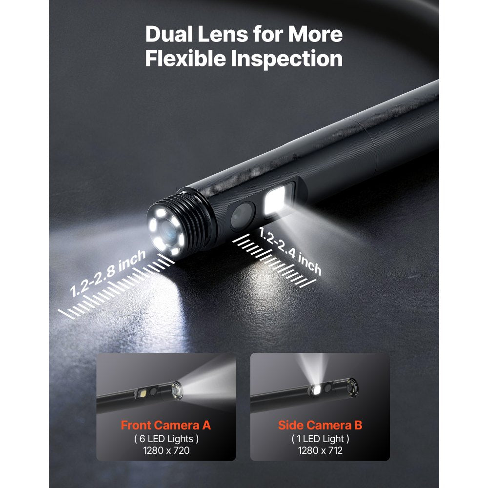 VEVOR Dual Lens Endoscope with Light, 5" HD IPS Screen Industrial Borescope Camera, 0.22-inch Slim Lens, 8X Zoom, IP67 Waterproof Inspection Snake Camera for Automotive, Plumbing (16.4FT Rigid Cable)