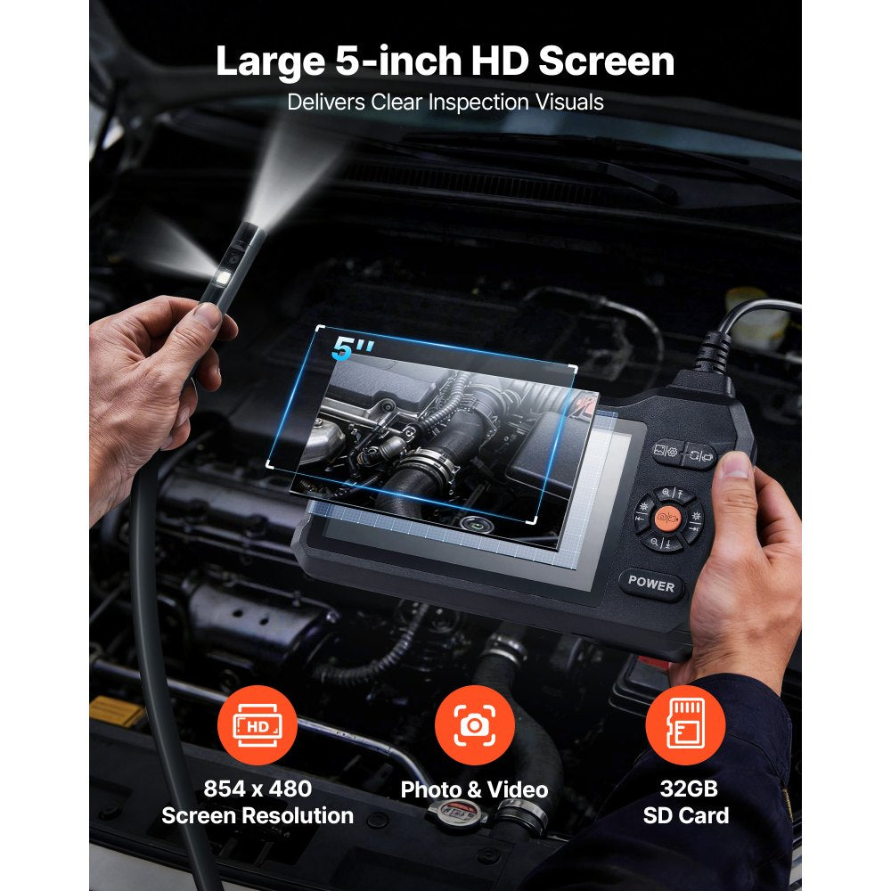 VEVOR Dual Lens Endoscope with Light, 5" HD IPS Screen Industrial Borescope Camera, 0.22-inch Slim Lens, 8X Zoom, IP67 Waterproof Inspection Snake Camera for Automotive, Plumbing (16.4FT Rigid Cable)