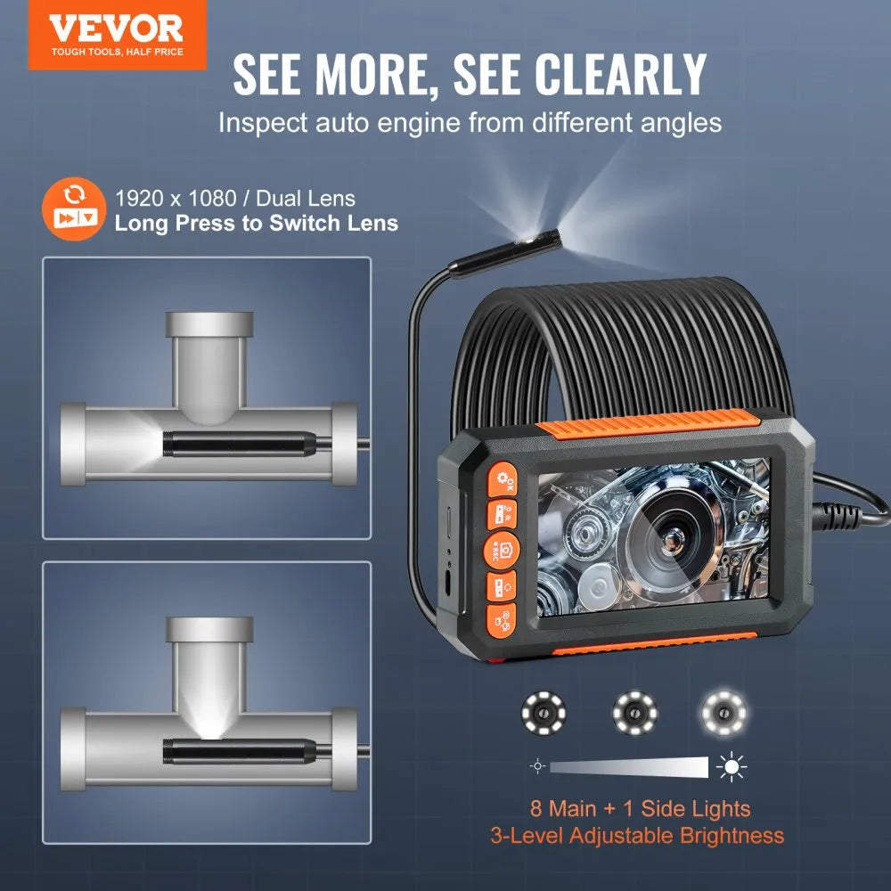 VEVOR Endoscope Camera with Light, Dual Lens Borescope with 49.2FT Semi-Rigid Cable, 4.3" Screen 1080P Inspection Camera, 8 + 1 LED Lights, 4X Zoom, IP67 Waterproof Snake Camera for Auto, Plumbing