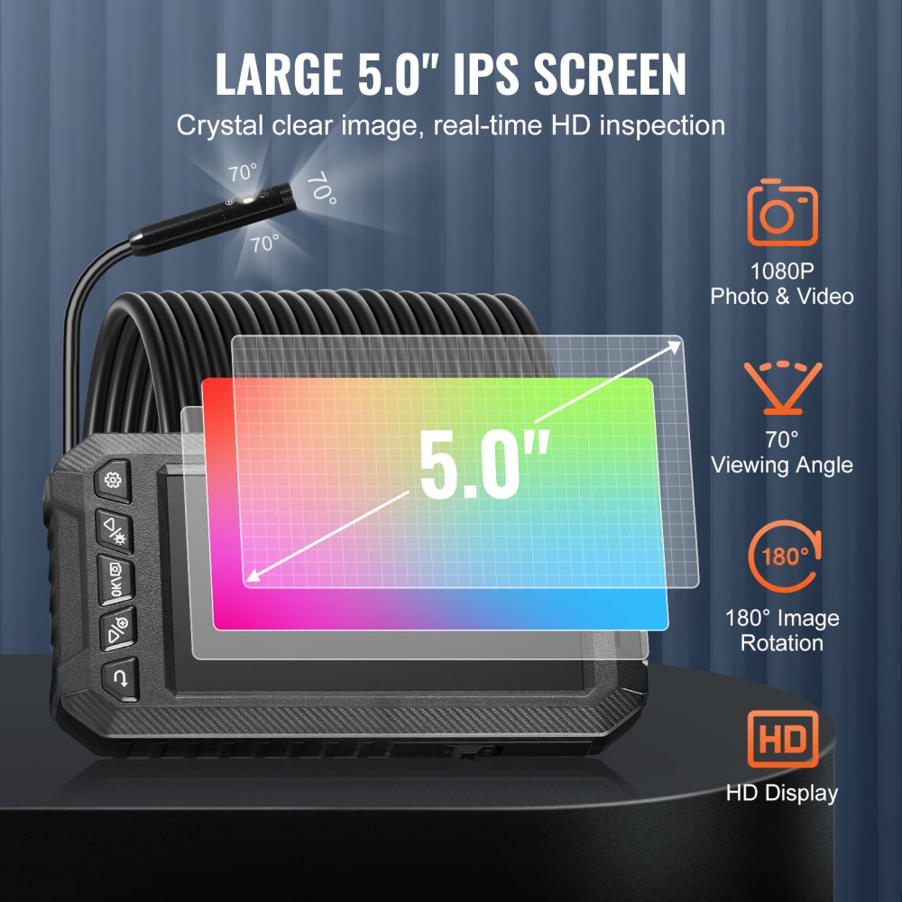 VEVOR Endoscope Camera with Light, Triple Lens Industrial Borescope, 5" Screen 1080P Inspection Camera, 8 + 2 Lights, IP67 Waterproof Snake Camera for Automotive, Plumbing (16.4FT Cable, 32GB Card)