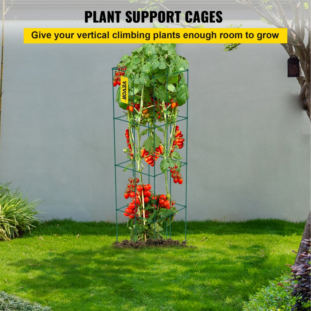 VEVOR Tomato Cages, 14.6\" x 14.6\" x 39.4\", 6 Packs Square Plant Support Cages, Green PVC-Coated Steel Tomato Towers for Climbing Vegetables, Plants, Flowers, Fruits