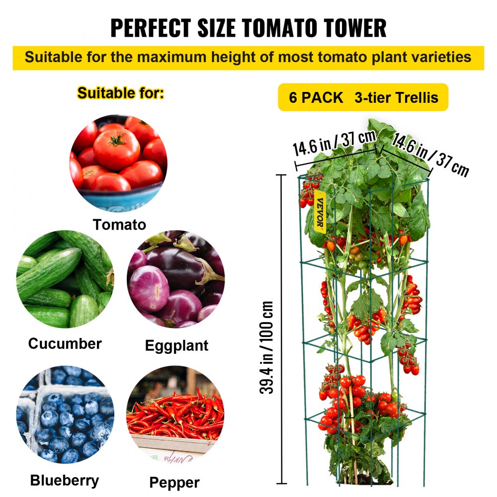 VEVOR Tomato Cages, 14.6\" x 14.6\" x 39.4\", 6 Packs Square Plant Support Cages, Green PVC-Coated Steel Tomato Towers for Climbing Vegetables, Plants, Flowers, Fruits