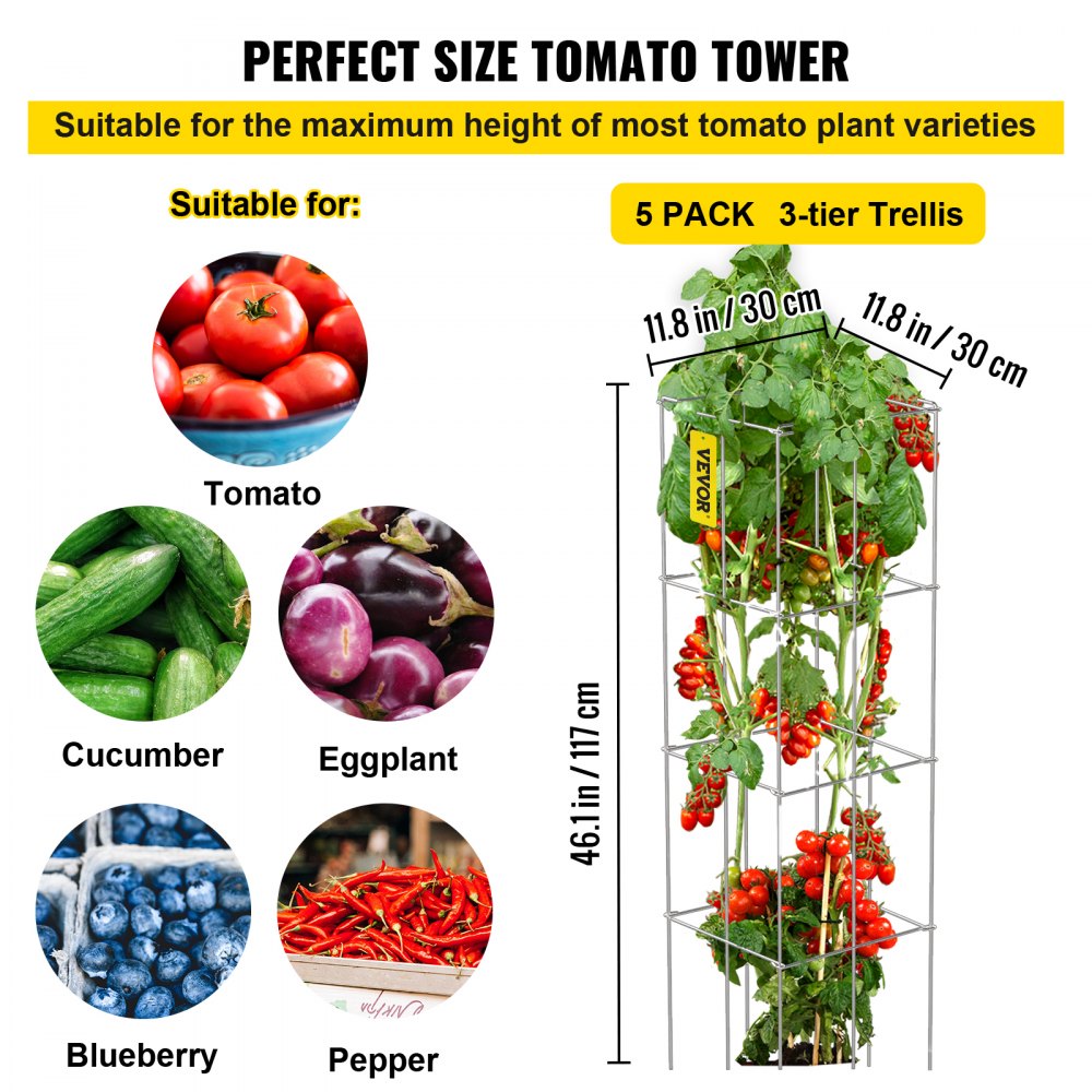 VEVOR Tomato Cages, 11.8\" x 11.8\" x 46.1\", 5 Packs Square Plant Support Cages, Silver PVC-Coated Steel Tomato Towers for Climbing Vegetables, Plants, Flowers, Fruits