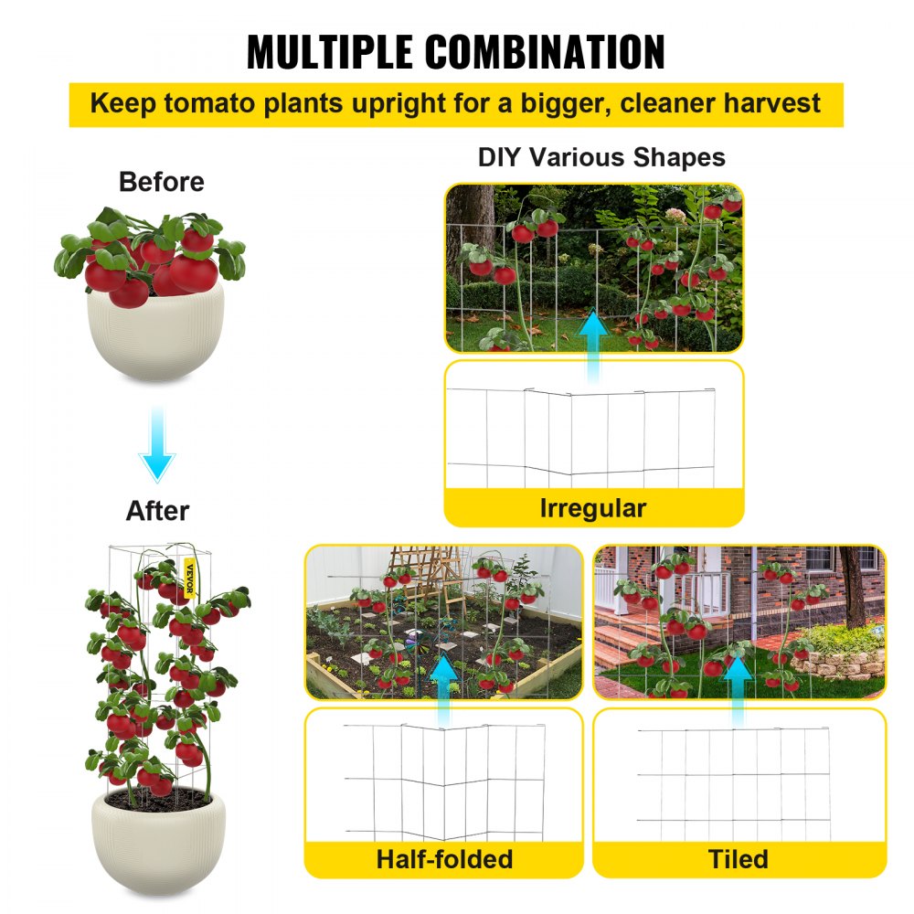 VEVOR Tomato Cages, 11.8\" x 11.8\" x 46.1\", 5 Packs Square Plant Support Cages, Silver PVC-Coated Steel Tomato Towers for Climbing Vegetables, Plants, Flowers, Fruits