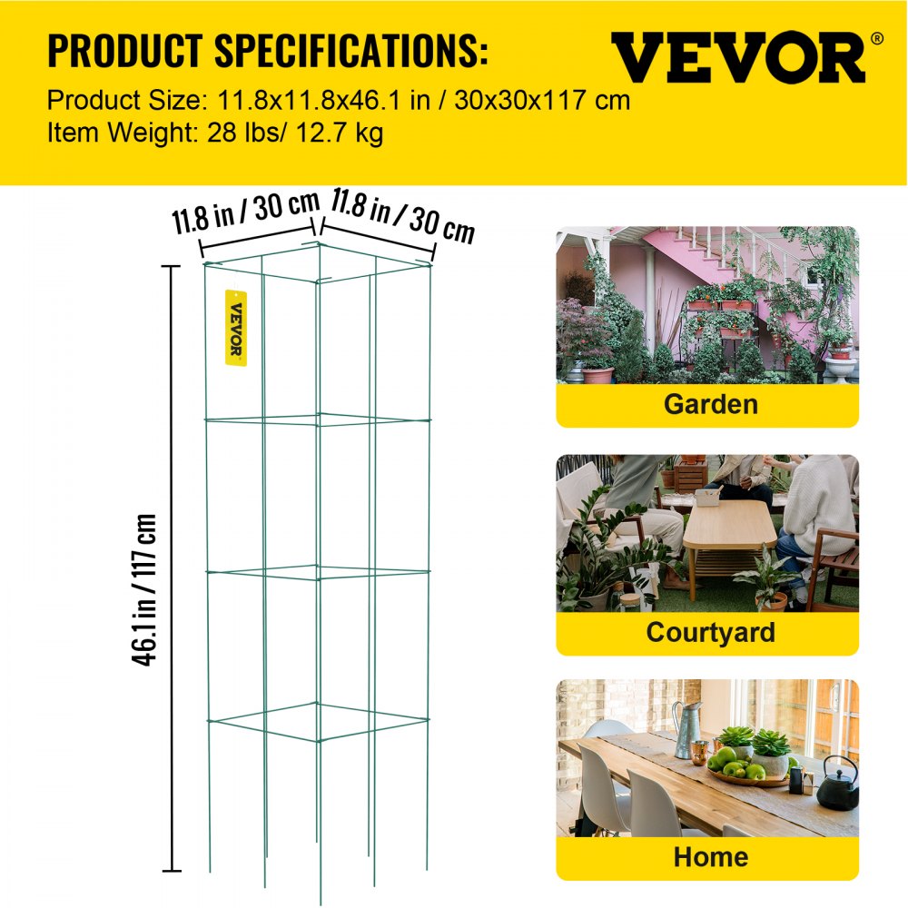 VEVOR Tomato Cages, 11.8\" x 11.8\" x 46.1\", 10 Packs Square Plant Support Cages, Green PVC-Coated Steel Tomato Towers for Climbing Vegetables, Plants, Flowers, Fruits