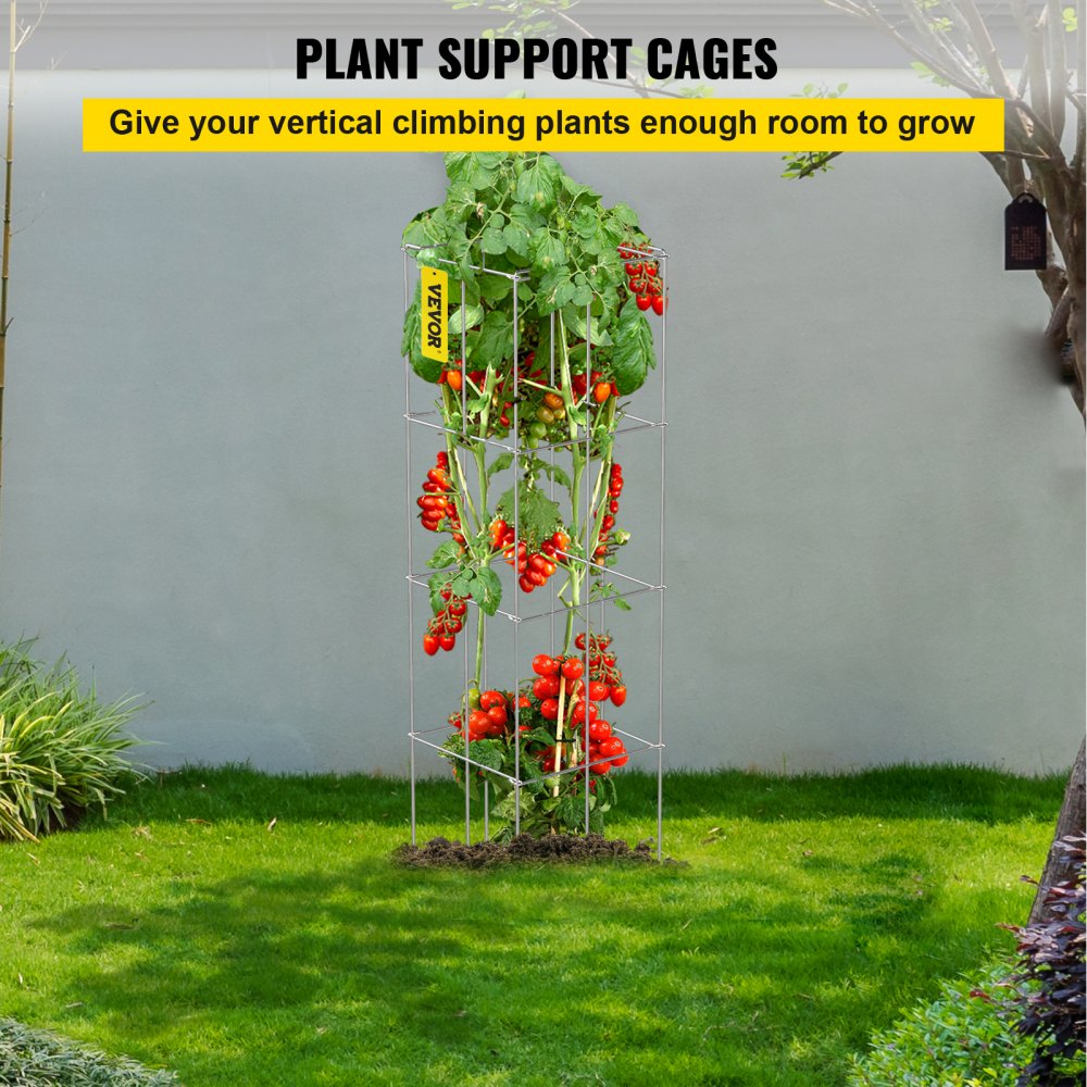VEVOR Tomato Cages, 11.8\" x 11.8\" x 46.1\", 10 Packs Square Plant Support Cages, Silver PVC-Coated Steel Tomato Towers for Climbing Vegetables, Plants, Flowers, Fruits
