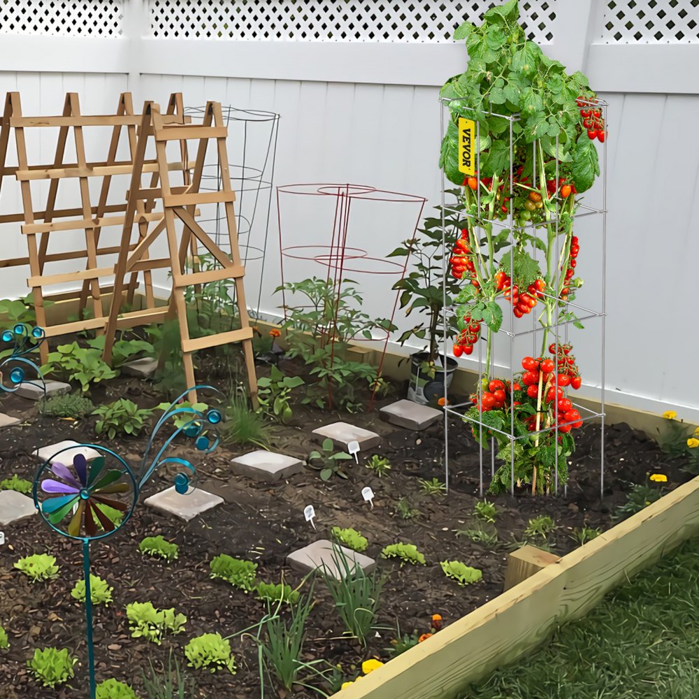 VEVOR Tomato Cages, 11.8\" x 11.8\" x 46.1\", 10 Packs Square Plant Support Cages, Silver PVC-Coated Steel Tomato Towers for Climbing Vegetables, Plants, Flowers, Fruits