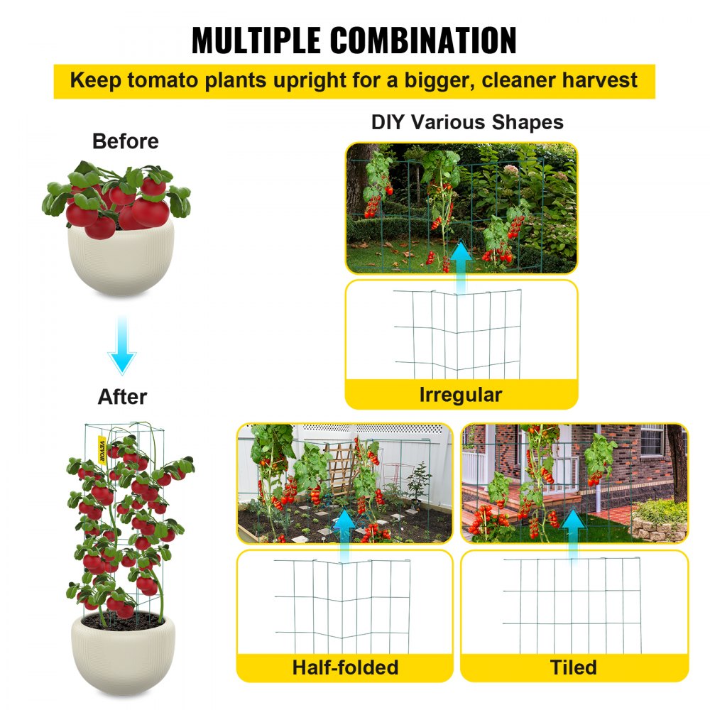 VEVOR Tomato Cages, 11.8\" x 11.8\" x 46.1\", 5 Packs Square Plant Support Cages, Green PVC-Coated Steel Tomato Towers for Climbing Vegetables, Plants, Flowers, Fruits