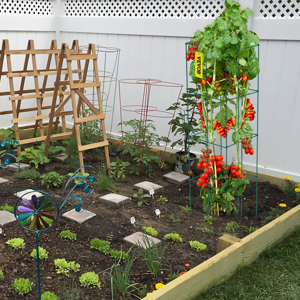 VEVOR Tomato Cages, 11.8\" x 11.8\" x 46.1\", 5 Packs Square Plant Support Cages, Green PVC-Coated Steel Tomato Towers for Climbing Vegetables, Plants, Flowers, Fruits