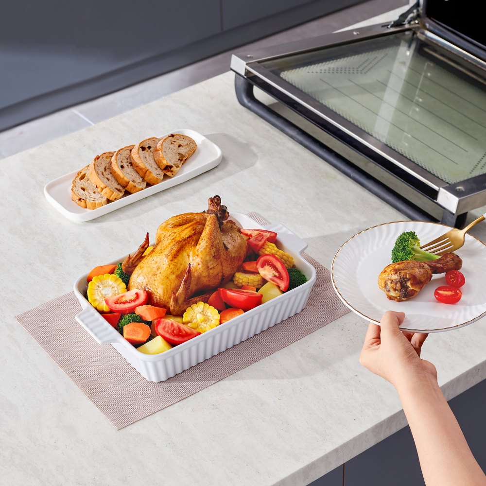 VEVOR Ceramic Baking Dish, Large 9" x 13" Pan, Rectangular Bakeware with Double Handles, Oven Secure, Lasagna Pan, Casserole Dish Deep for Baking and Serving, Thanksgiving & Christmas Present, White