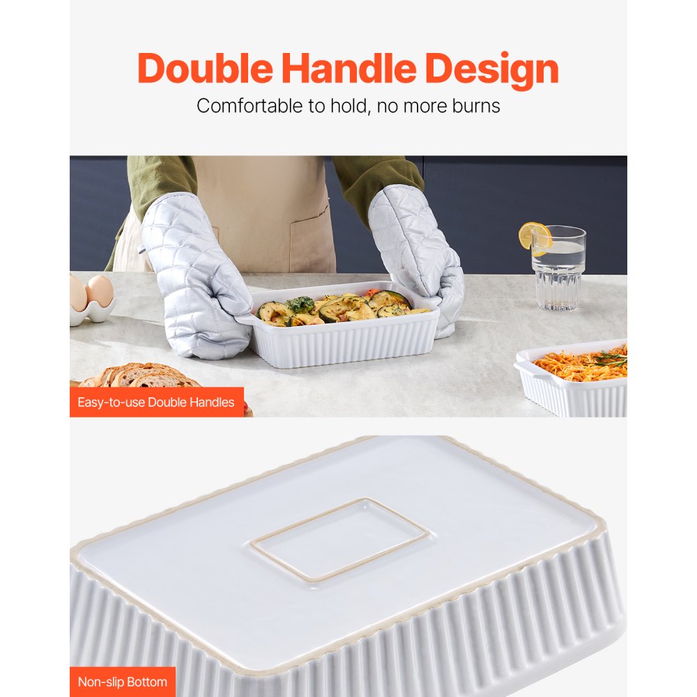 VEVOR Ceramic Baking Dish, 7" x 11", Bakeware Set of 2, Rectangular Casserole Dish Set, Baking Pans with Handles, Oven Secure, Lasagna Pans Deep for Cooking, Thanksgiving & Christmas Present, White