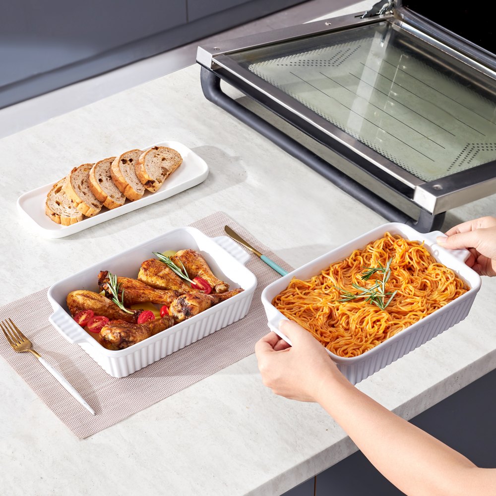 VEVOR Ceramic Baking Dish, 7" x 11", Bakeware Set of 2, Rectangular Casserole Dish Set, Baking Pans with Handles, Oven Secure, Lasagna Pans Deep for Cooking, Thanksgiving & Christmas Present, White