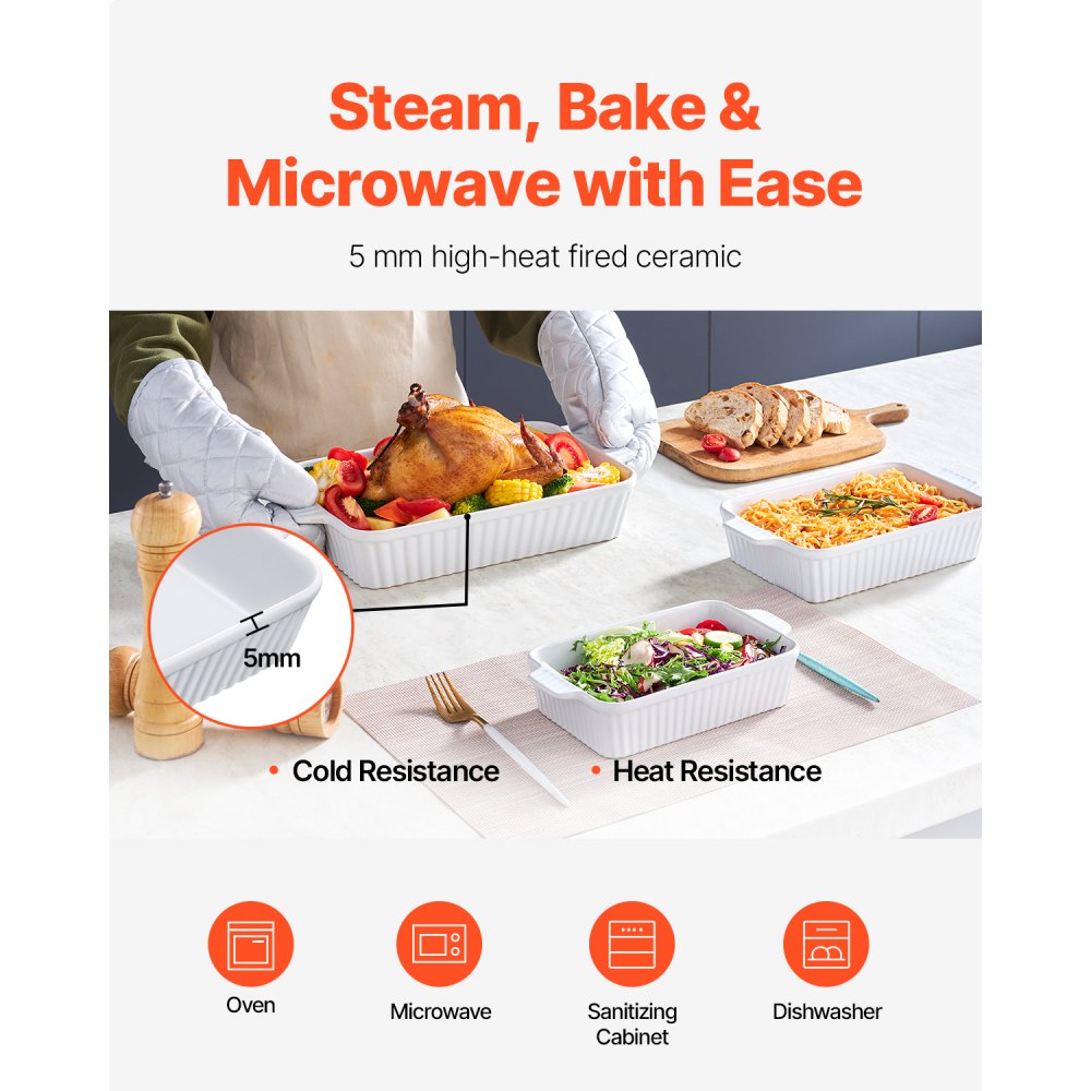 VEVOR Ceramic Baking Dish, 9" x 13", Bakeware Set of 3, Rectangular Casserole Dish Set, Baking Pans with Handles, Oven Secure, Lasagna Pans Deep for Cooking, Thanksgiving & Christmas Present, White