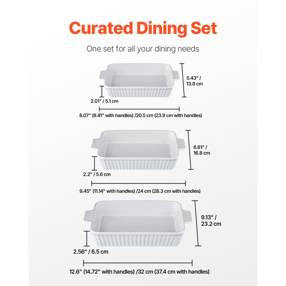 VEVOR Ceramic Baking Dish, 9" x 13", Bakeware Set of 3, Rectangular Casserole Dish Set, Baking Pans with Handles, Oven Secure, Lasagna Pans Deep for Cooking, Thanksgiving & Christmas Present, White