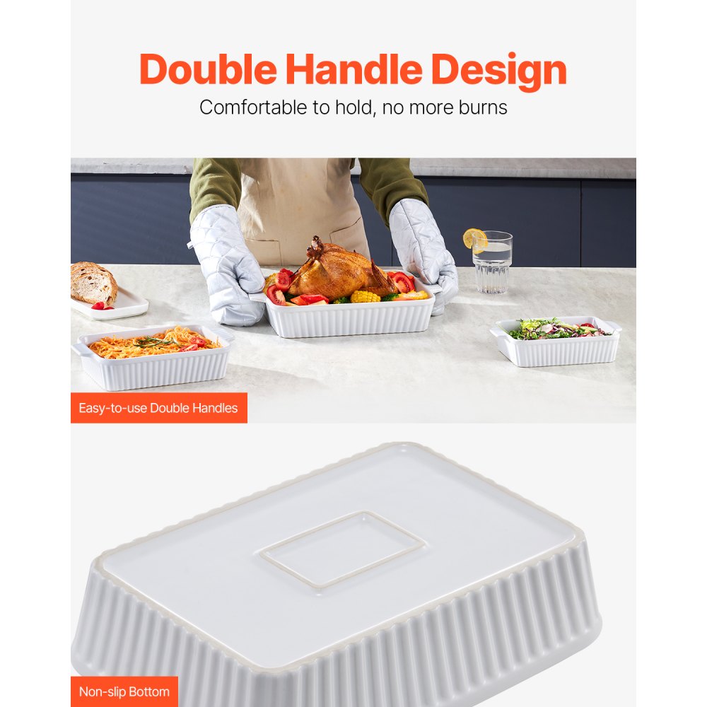 VEVOR Ceramic Baking Dish, 9" x 13", Bakeware Set of 3, Rectangular Casserole Dish Set, Baking Pans with Handles, Oven Secure, Lasagna Pans Deep for Cooking, Thanksgiving & Christmas Present, White