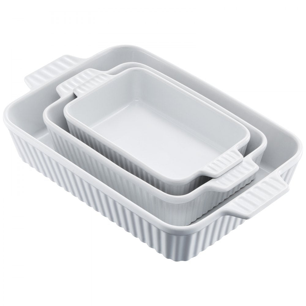VEVOR Ceramic Baking Dish, 9" x 13", Bakeware Set of 3, Rectangular Casserole Dish Set, Baking Pans with Handles, Oven Secure, Lasagna Pans Deep for Cooking, Thanksgiving & Christmas Present, White
