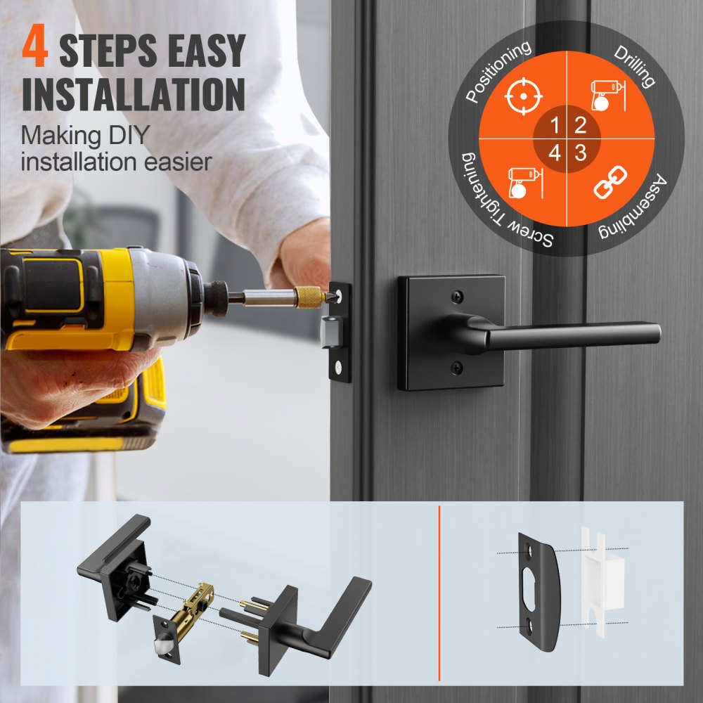 VEVOR Passage Door Handle, 1 Pack Matte Black Door Lever, Left or Right Handing Reversible Lever Non-Locking, 45° Rotation to Open, Square Interior Door Handles for Hallways, Closets, Meeting Spaces