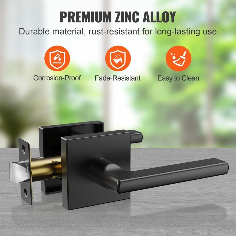 VEVOR Passage Door Handle, 1 Pack Matte Black Door Lever, Left or Right Handing Reversible Lever Non-Locking, 45° Rotation to Open, Square Interior Door Handles for Hallways, Closets, Meeting Spaces