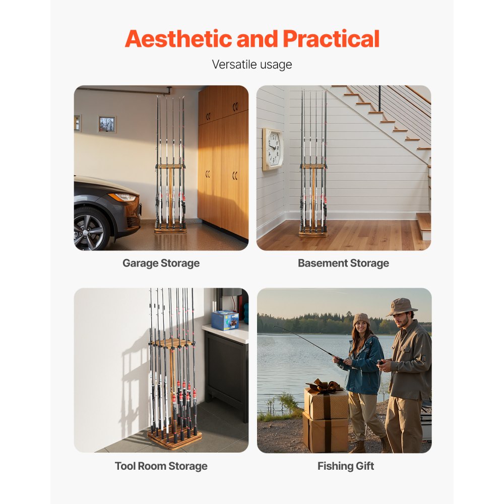 VEVOR Fishing Rod Holders for 16 Fishing Poles, 360° Rotating Wood Fishing Rods Rack for Garage Organization and Storage, Floor Stand Space-Saving Equipment, for Reels Gear Accessories, Gifts for Men