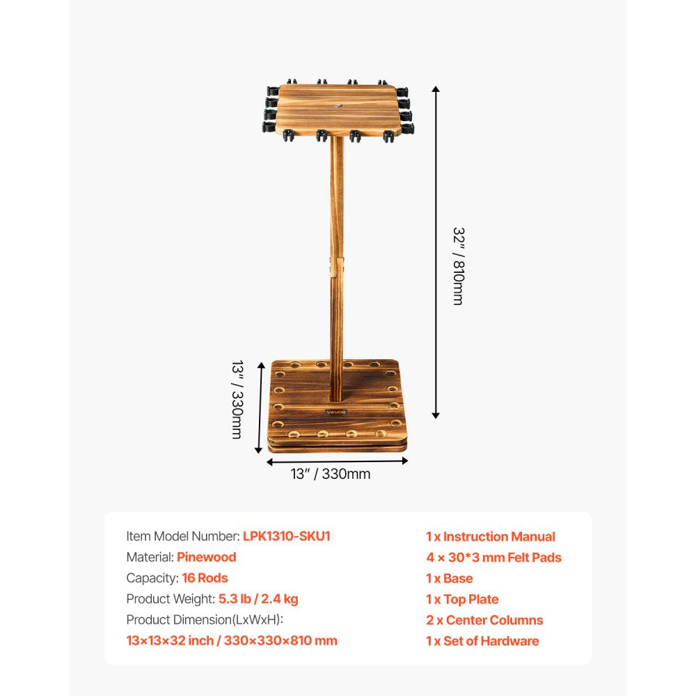 VEVOR Fishing Rod Holders for 16 Fishing Poles, 360° Rotating Wood Fishing Rods Rack for Garage Organization and Storage, Floor Stand Space-Saving Equipment, for Reels Gear Accessories, Gifts for Men