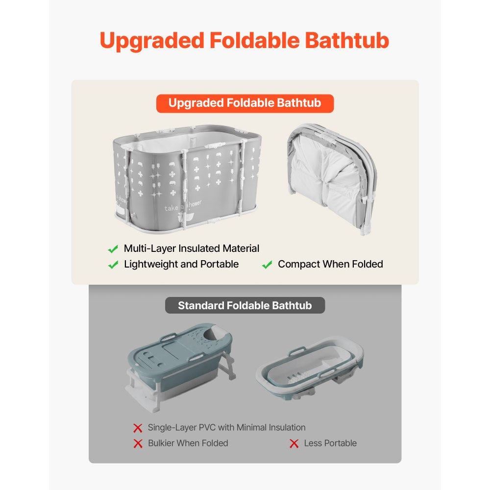 VEVOR Portable Foldable Bathtub 37.4"x23.6"x19.7" Soaking for Adults Gray, for Bathroom Shower Stall, 3-Layer Insulation, Space Saving, Family Hot SPA Ice Bath Tub with 2 Drain Ports, Indoor Outdoor