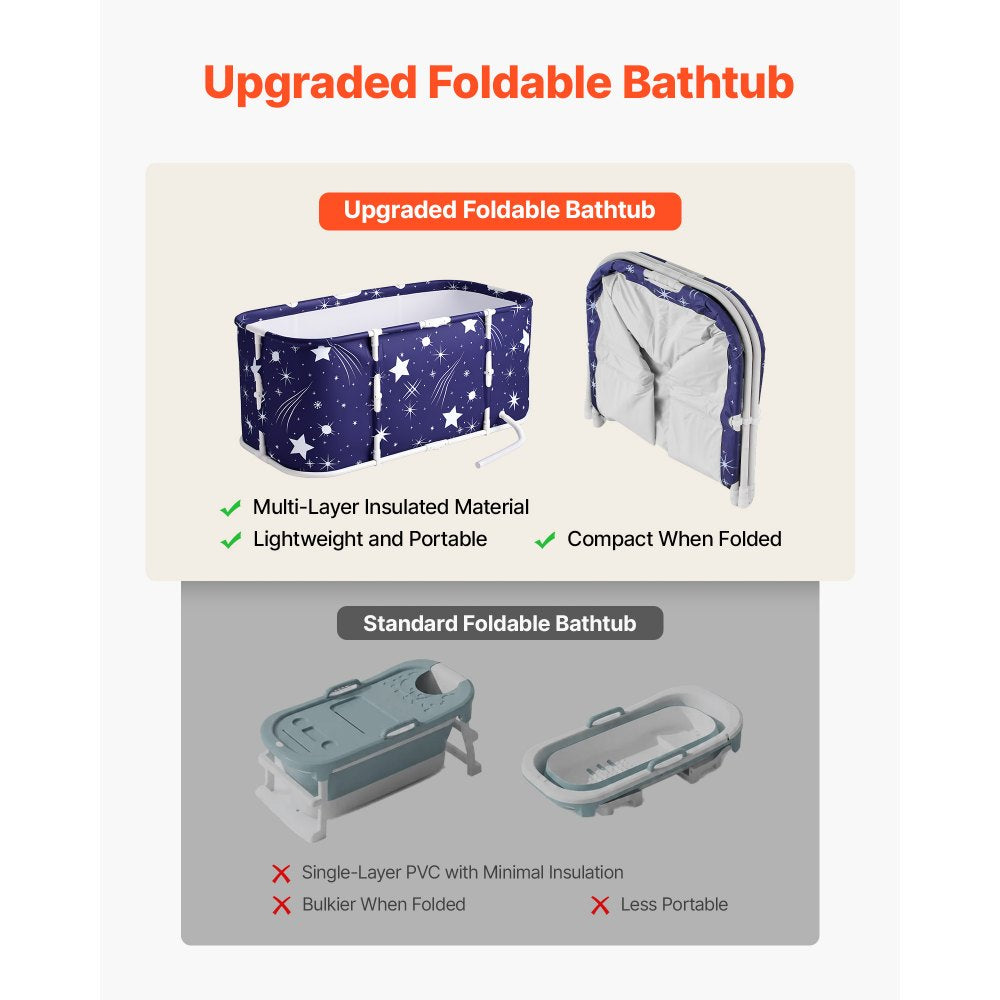 VEVOR Portable Foldable Bathtub 45.3"x23.6"x19.7" Soaking for Adults Blue, for Bathroom Shower Stall, 3-Layer Insulation, Space Saving, Family Hot SPA Ice Bath Tub with 2 Drain Ports, Indoor Outdoor