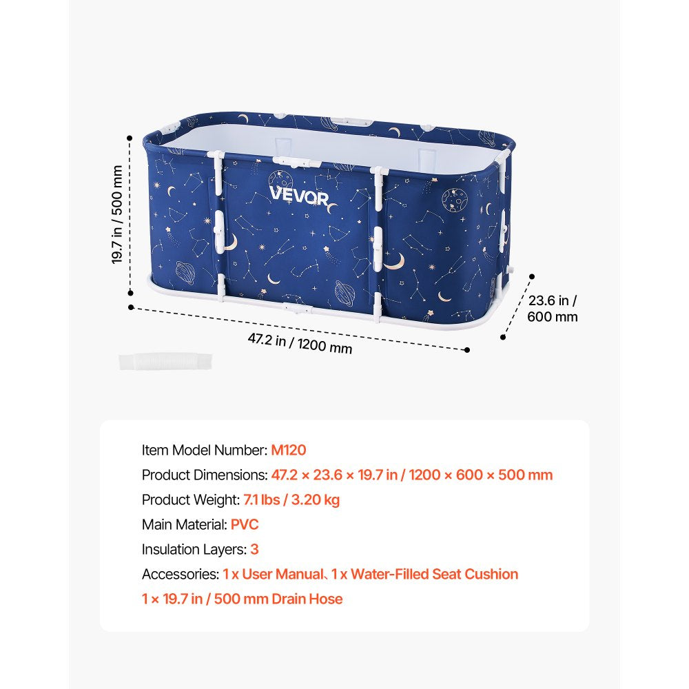 VEVOR Portable Foldable Bathtub 47.2"x23.6"x19.7" Soaking for Adults Blue, for Bathroom Shower Stall, 3-Layer Insulation, Space Saving, Family Hot SPA Ice Bath Tub with 2 Drain Ports, Indoor Outdoor