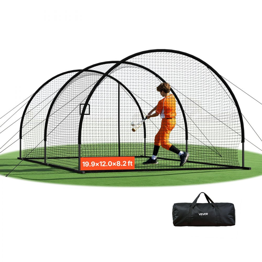 VEVOR Baseball Batting Cage, 19.9 x 12.0 x 8.2 FT Freestanding Hitting Net, for Indoor & Outdoor Practice, 30-Ply Knotted HDPE Netting with Pitching Machine Opening, Baseball Training Net for Teams