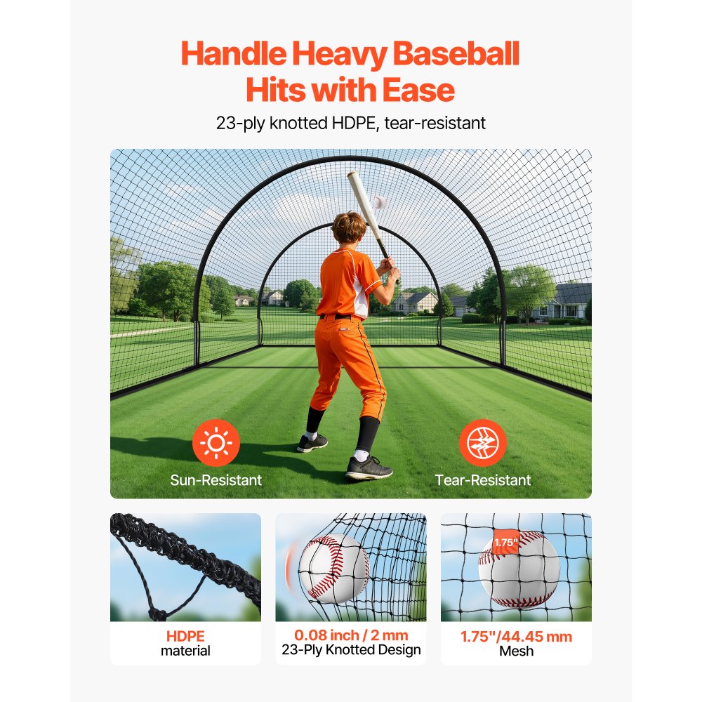 VEVOR Baseball Batting Cage, 19.9 x 12.0 x 8.2 FT Freestanding Portable Batting Cage, Hitting Cages with 30-Ply Knotted HDPE & Pitching Machine Opening, Battings Cages Netting for Indoor Outdoor