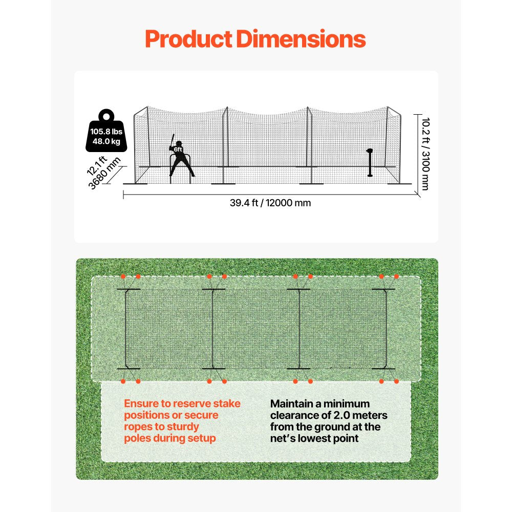 VEVOR Baseball Batting Cage, 39.4 x 12.1 x 10.2 FT Freestanding Portable Batting Cage, Hitting Cages with 45-Ply Knotted HDPE & Long Positioning Ropes, Battings Cages Netting for Indoor Outdoor