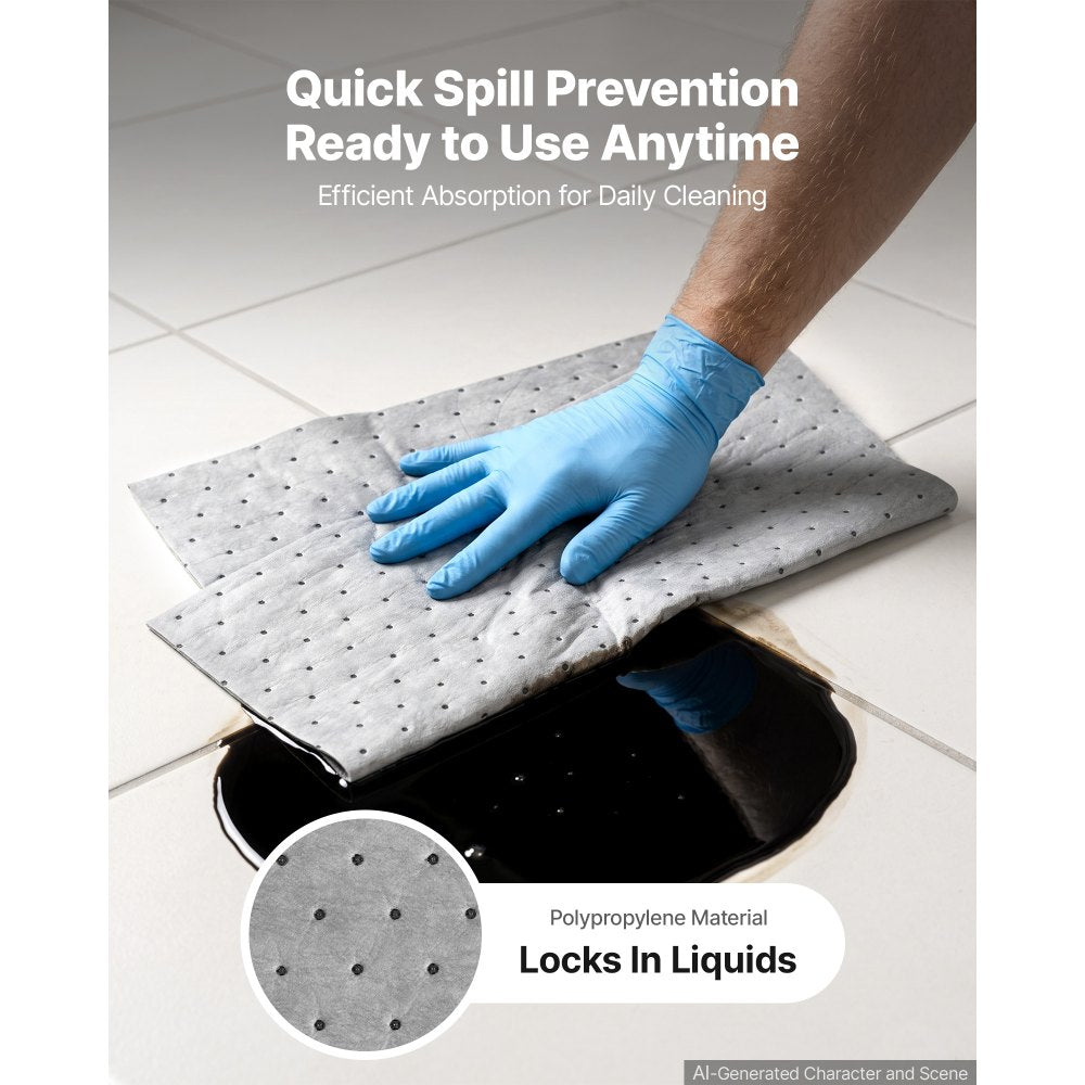 VEVOR Oil & Water Absorbent Pads, 15 in x 150 ft 1-Roll, Medium-Duty Spill Absorbing Pads, Universal for Gasoline, Engine, Oil, Water, Coolant, Durable PP Spill Control Mats for Garage Workshop