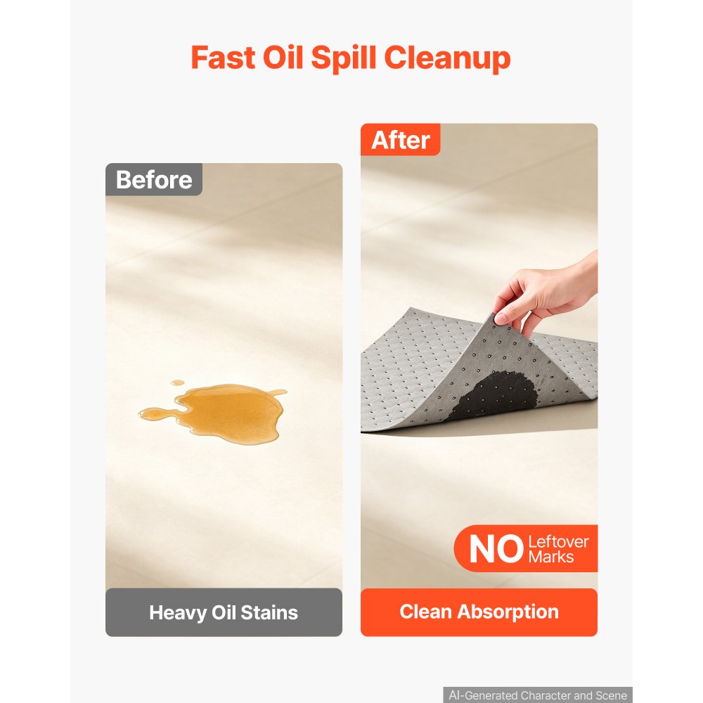 VEVOR Oil & Water Absorbent Pads, 16" x 18" 200-Pack, Medium-Duty Spill Absorbing Pads, Universal for Gasoline, Engine, Oil, Water, Coolant, Durable PP Spill Control Mats for Garage Workshop Factory