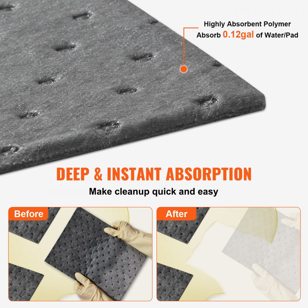 VEVOR Spill Absorbent Pads, Universal Absorbing Mat Absorbs up 12 Gal, 13" L x10" W Polypropylene Absorbent Pad for Oil, Water and Other Liquids, Pack of 100
