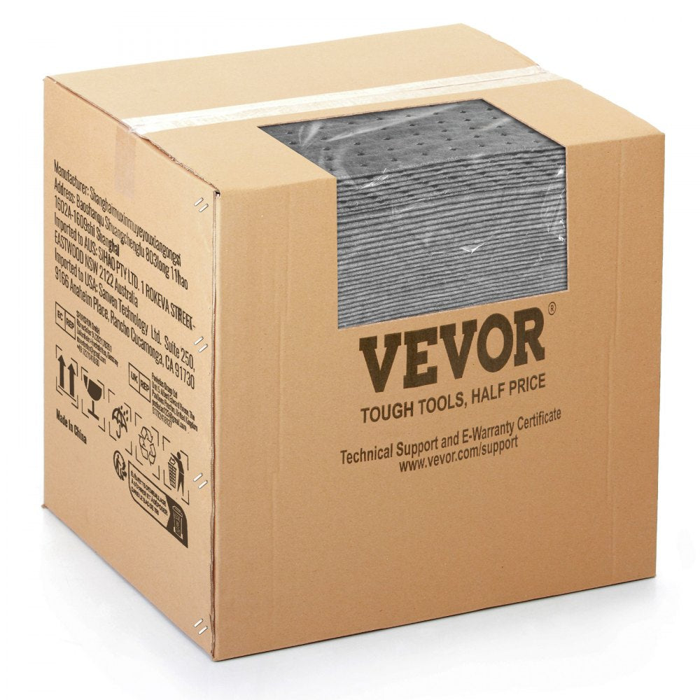 VEVOR Spill Absorbent Pads, Universal Absorbing Mat Absorbs up 12 Gal, 13" L x10" W Polypropylene Absorbent Pad for Oil, Water and Other Liquids, Pack of 100