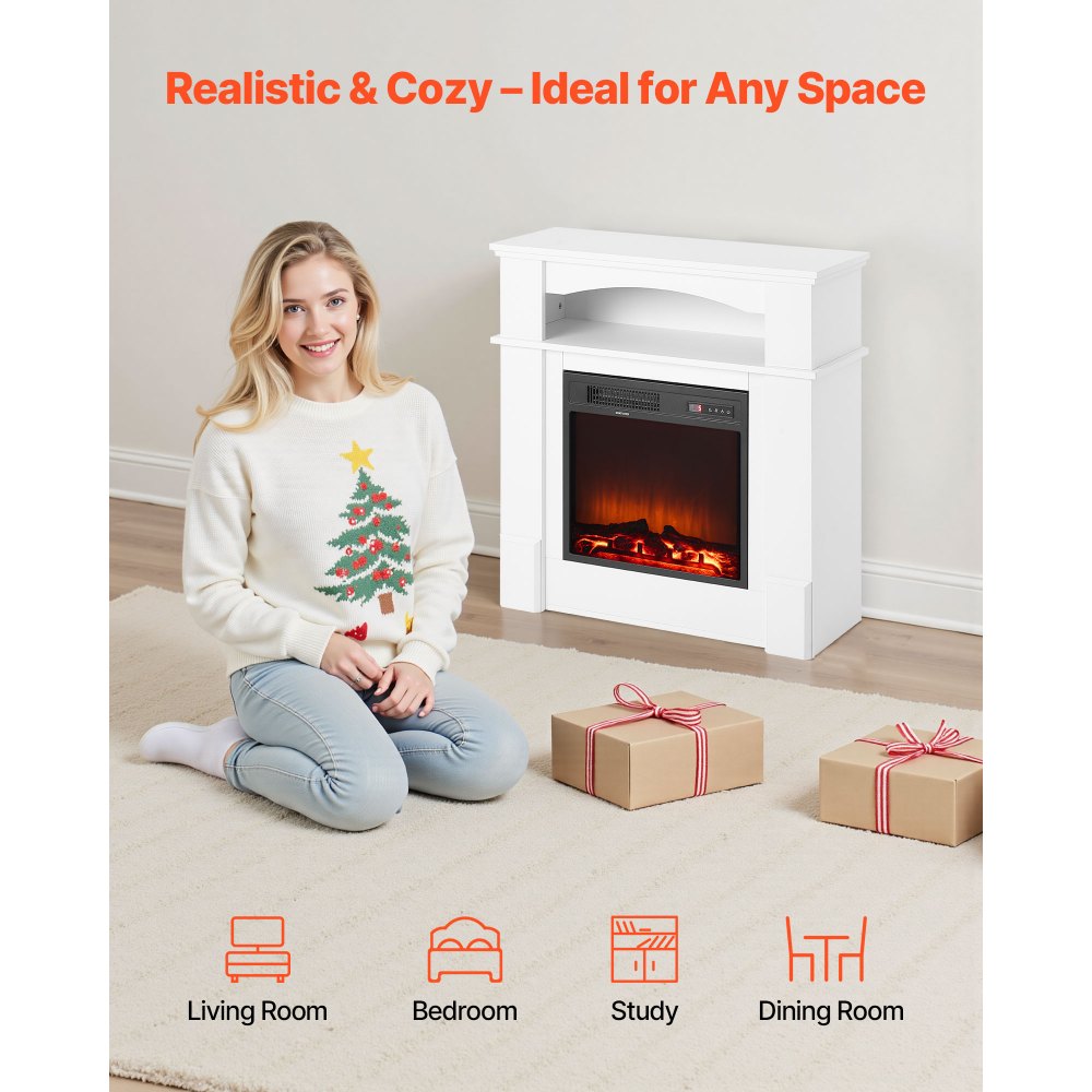 VEVOR 33 inch Freestanding Fireplaces, 1500W 5120BTU Fake Electric Fireplace Stove Heater with Mantel, Overheating Protection, Adjustable Flames,Timer, Remote, for Living Room,Bedroom,White