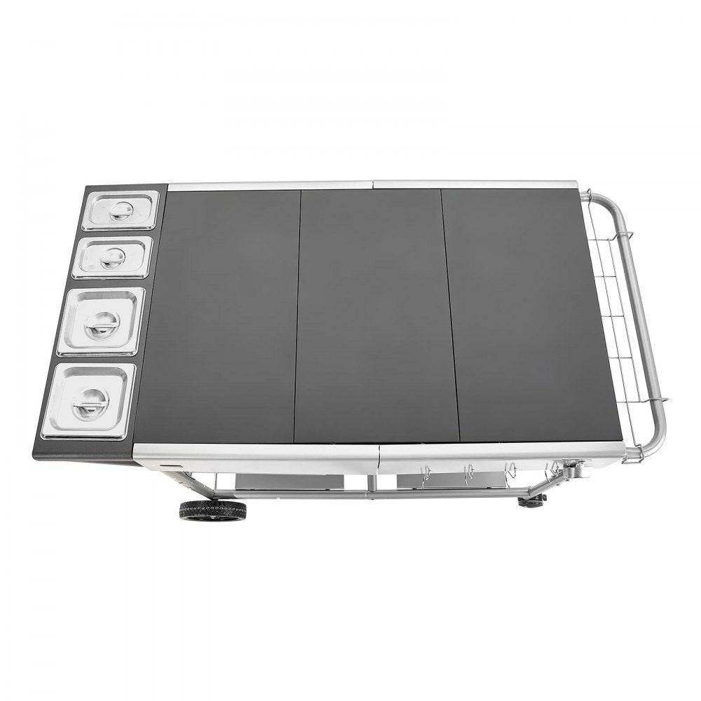 VEVOR Outdoor Grill Cart, 36.4 x 23.4 x 1 inch Tabletop Size Grilling Table, Movable Outdoor Cooking Table with 4 Spice Containers, Wheels, Lids, Hooks, BBQ Prep Tables for Picnic, Kitchen, Courtyard