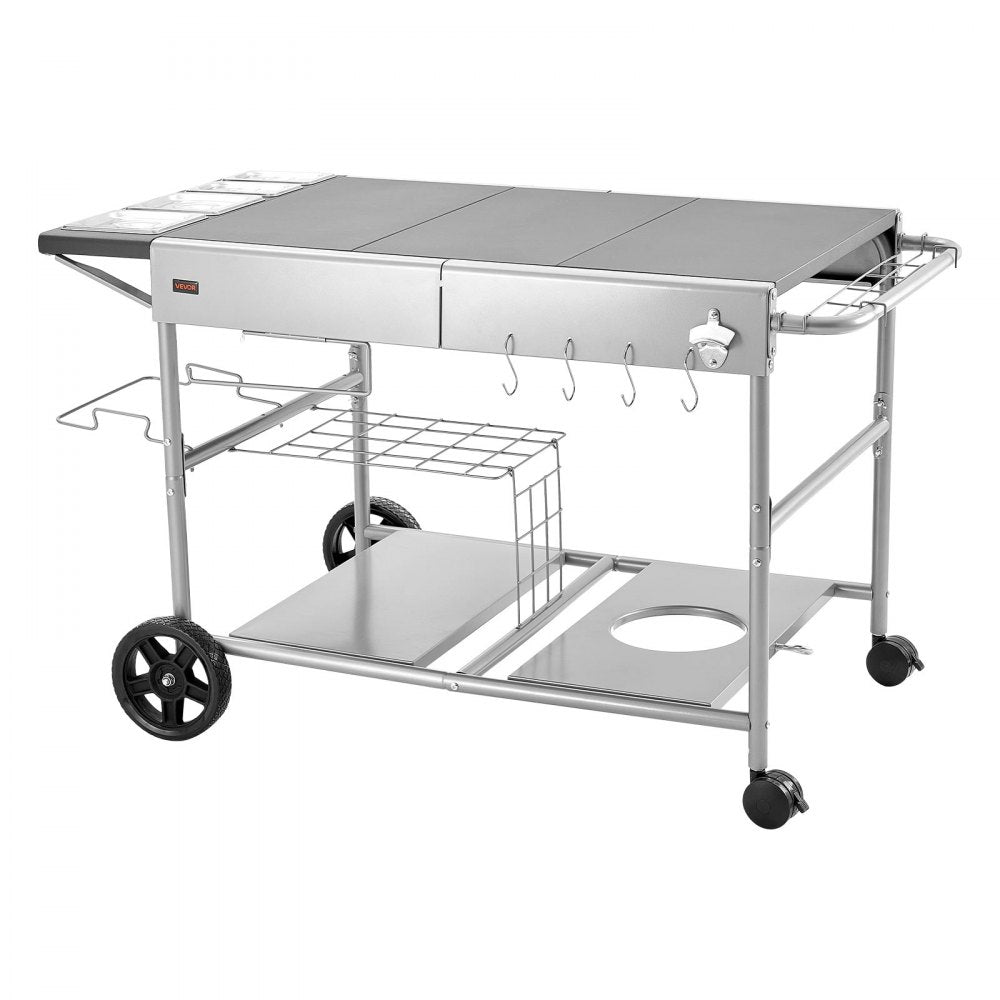 VEVOR Outdoor Grill Cart, 36.4 x 23.4 x 1 inch Tabletop Size Grilling Table, Movable Outdoor Cooking Table with 4 Spice Containers, Wheels, Lids, Hooks, BBQ Prep Tables for Picnic, Kitchen, Courtyard