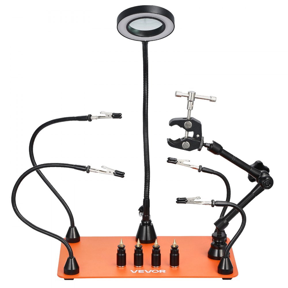 VEVOR Magnetic Helping Hands Soldering Station, Third Hand Soldering Tool with 3X LED Magnifying Lamp, 4 PCB Holders & 360 Hot Air Gun Holder, Heavy-Duty Base Station for Electronic Repair Craft Hobby