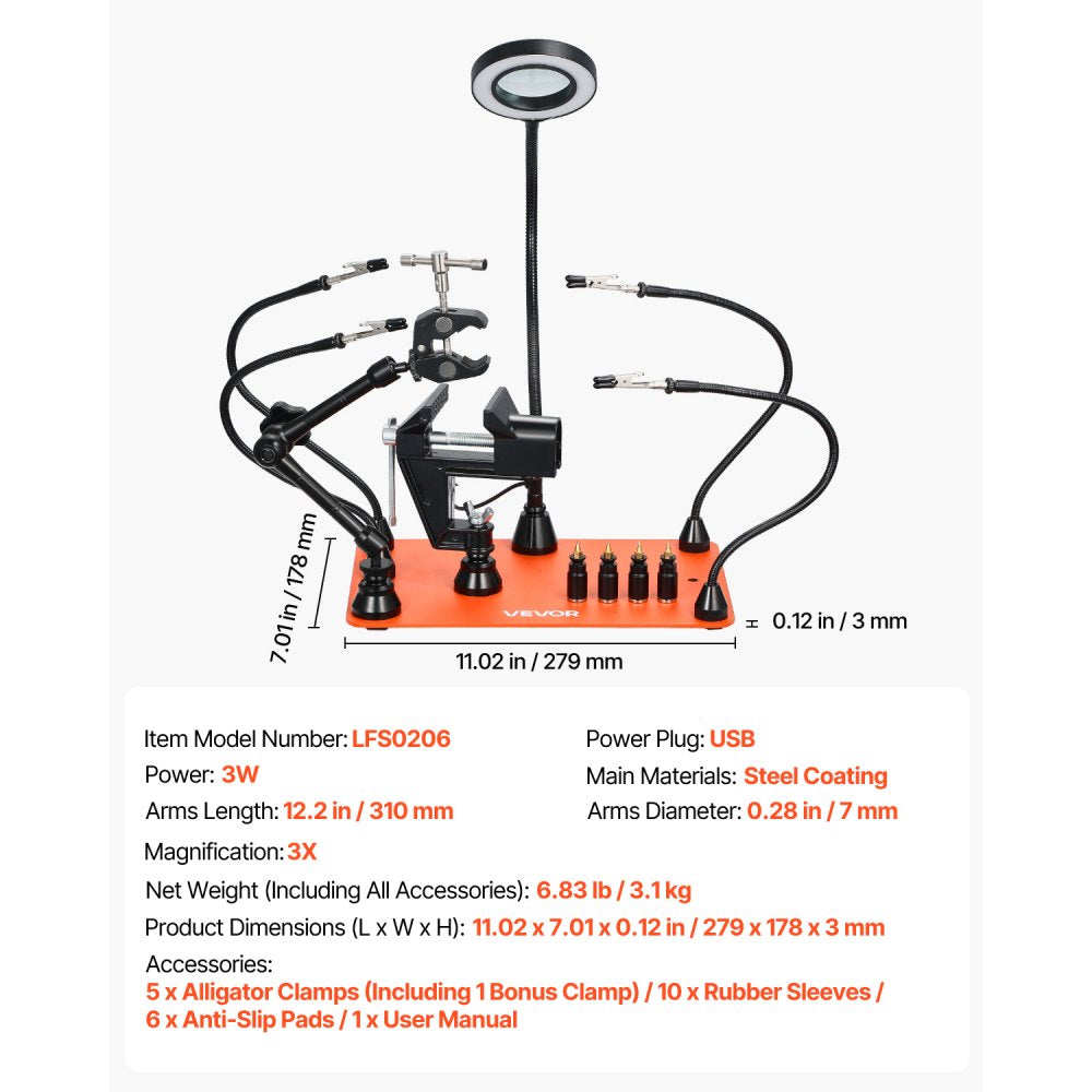VEVOR Magnetic Helping Hands Soldering Station, 4 Arms Third Hand Tool, with Vise, 3X LED Magnifying Lamp, 4 PCB Holder & 360 Hot Air Gun Holder, Soldering Helper for Electronic Repair Craft Hobby DIY