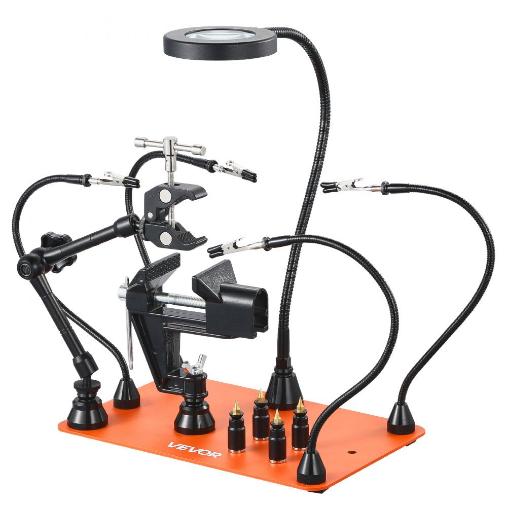 VEVOR Magnetic Helping Hands Soldering Station, 4 Arms Third Hand Tool, with Vise, 3X LED Magnifying Lamp, 4 PCB Holder & 360 Hot Air Gun Holder, Soldering Helper for Electronic Repair Craft Hobby DIY