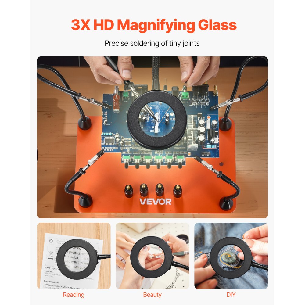 VEVOR Magnetic Helping Hands Soldering Station, 4 Flexible Arms Third Hand Soldering Tool, with 3X LED Magnifying Lamp, 4 PCB  Pillar Holder & Heavy-Duty Base, Electronic Repair Craft Hobby DIY