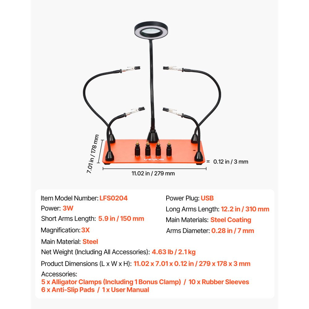 VEVOR Magnetic Helping Hands Soldering Station, 4 Flexible Arms Third Hand Soldering Tool, with 3X LED Magnifying Lamp, 4 PCB  Pillar Holder & Heavy-Duty Base, Electronic Repair Craft Hobby DIY