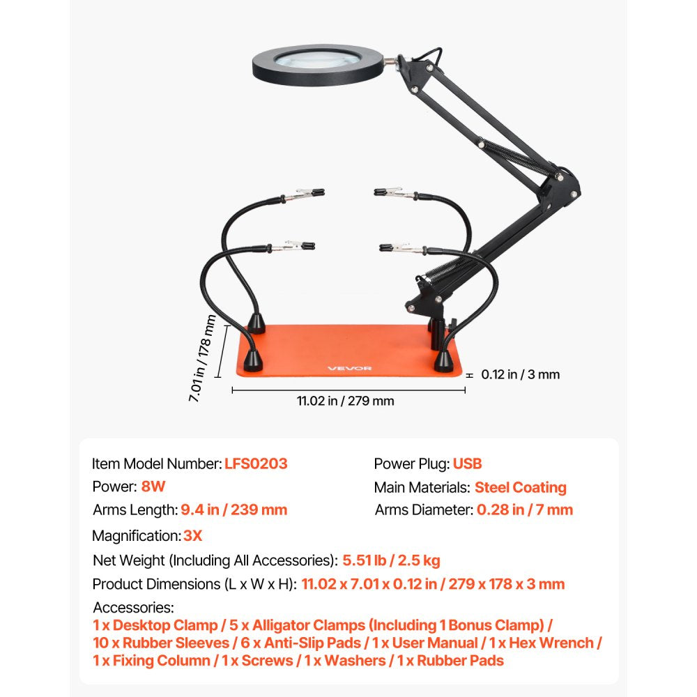 VEVOR Magnetic Helping Hands Soldering Station, 4 Flexible Arms Third Hand Tool with 3X LED Magnifying Lamp & Non-Slip Heavy-Duty Base, Soldering Helping Hands for Electronic Repair Craft Hobby DIY