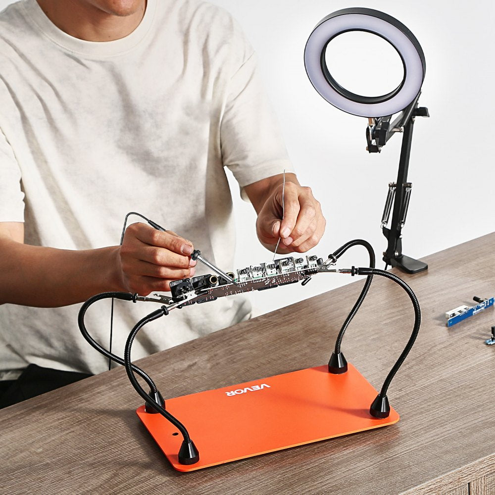 VEVOR Magnetic Helping Hands Soldering Station, 4 Flexible Arms Third Hand Tool with 3X LED Magnifying Lamp & Non-Slip Heavy-Duty Base, Soldering Helping Hands for Electronic Repair Craft Hobby DIY