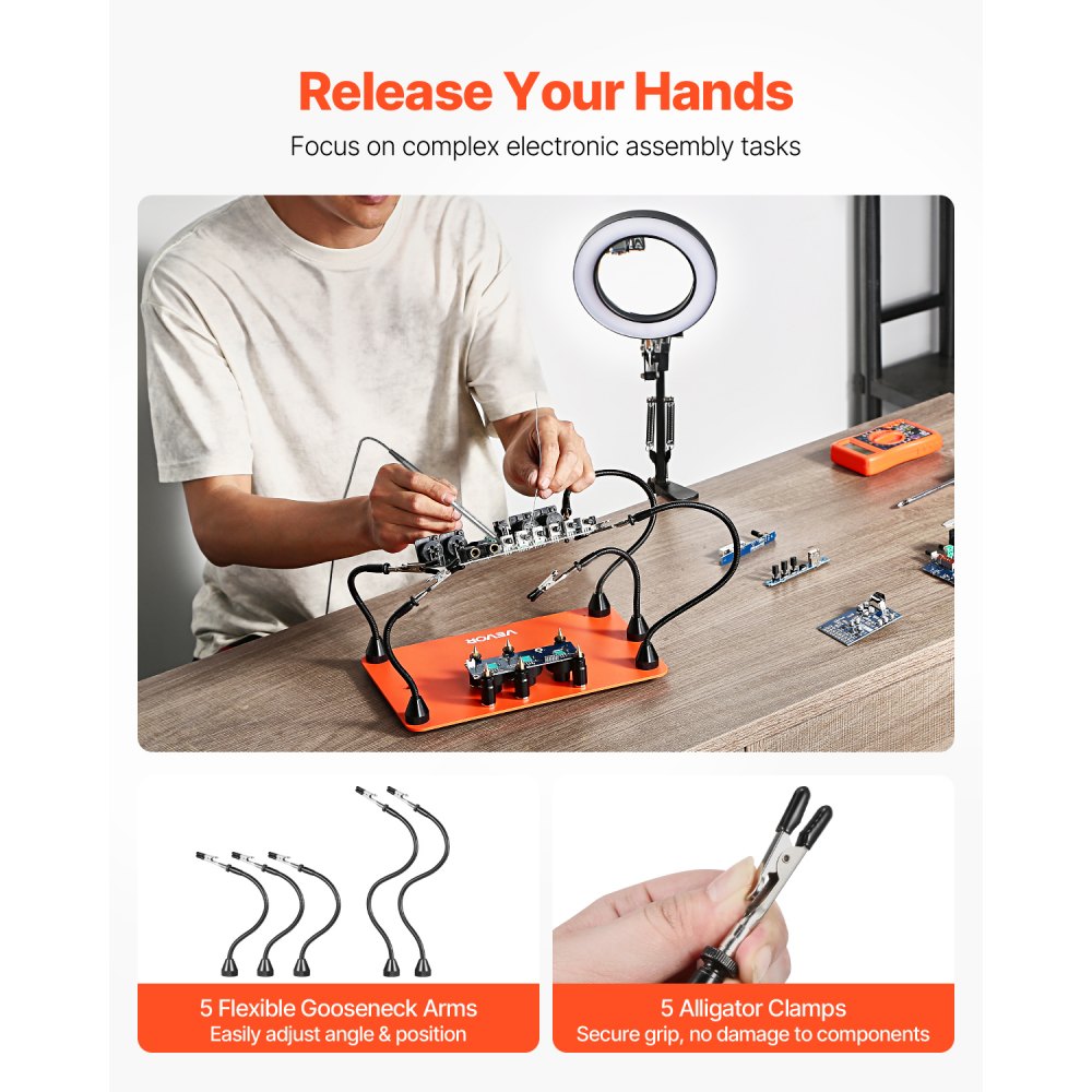 VEVOR Magnetic Helping Hands Soldering Station, 2-In-1 Third Hand Soldering Tool - 3X LED Magnifying Lamp & 5 Flexible Arms, 6 PCB Holders, Heavy-Duty Base Station for Electronic Repair Craft Hobby