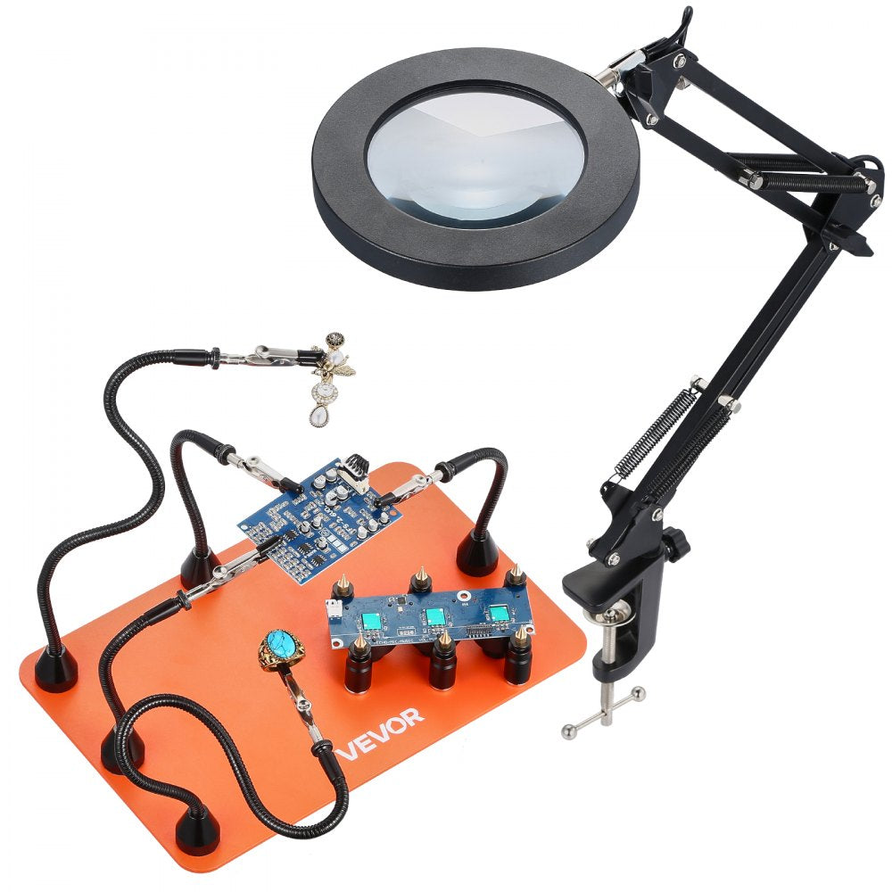 VEVOR Magnetic Helping Hands Soldering Station, 2-In-1 Third Hand Soldering Tool - 3X LED Magnifying Lamp & 5 Flexible Arms, 6 PCB Holders, Heavy-Duty Base Station for Electronic Repair Craft Hobby