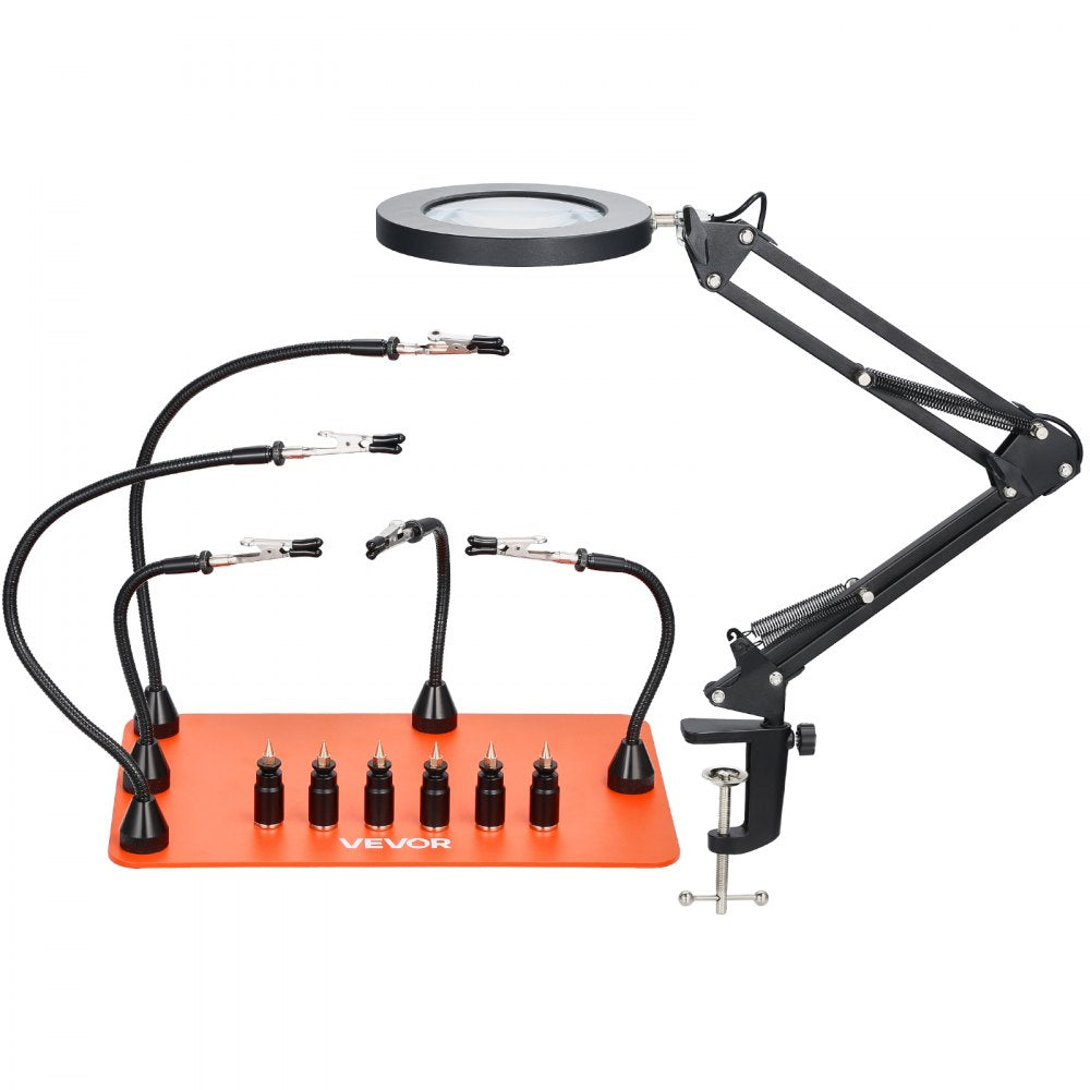 VEVOR Magnetic Helping Hands Soldering Station, 2-In-1 Third Hand Soldering Tool - 3X LED Magnifying Lamp & 5 Flexible Arms, 6 PCB Holders, Heavy-Duty Base Station for Electronic Repair Craft Hobby