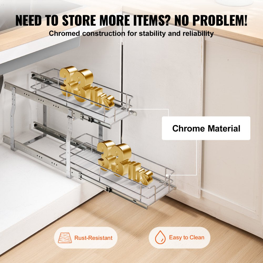 VEVOR 8.5"Wx21"Dx15"H Pull Out Cabinet Organizer, Heavy Duty Slide Out Pantry Shelves, Steel Roll Out Drawers, Sliding Drawer Storage for Home Under Sink, 10"Wx22"Dx18"H Install Size for Cabinet