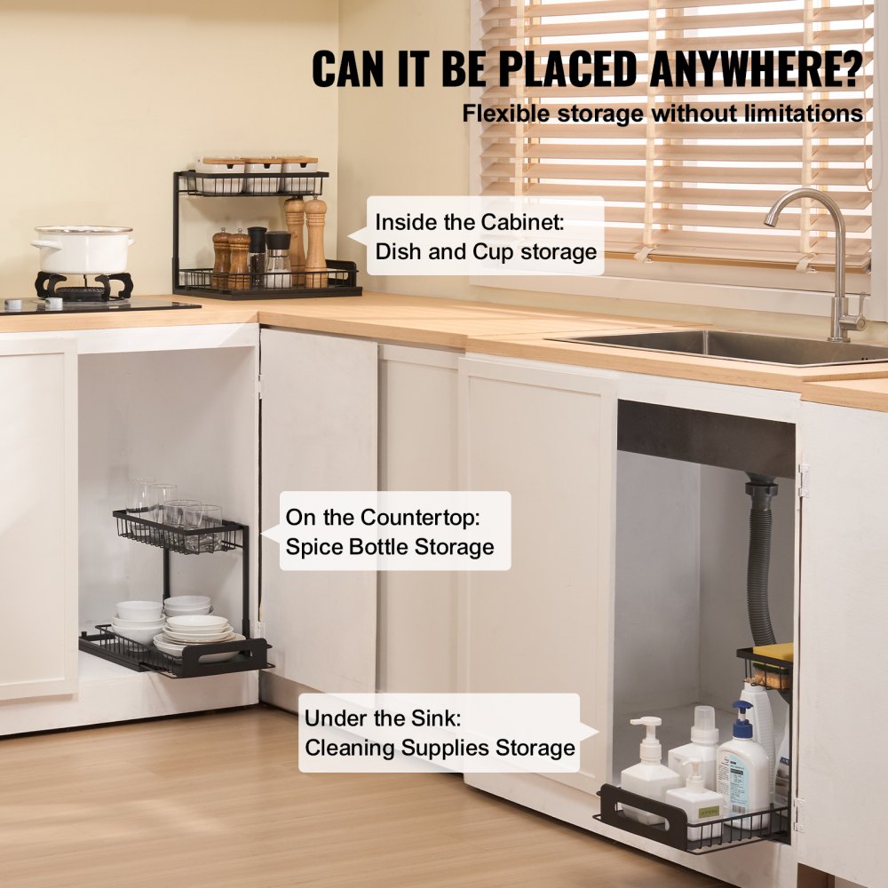 VEVOR 2 Tier Pull Out Cabinet Organizer(10.7"W x 14.2"D ), Under Sink Organizer and Storage, Slide Out Drawer Cabinet Organizer, Wire Basket Sliding Shelf, 12.5"Wx15.5"Dx13"H Install Size for Cabinet