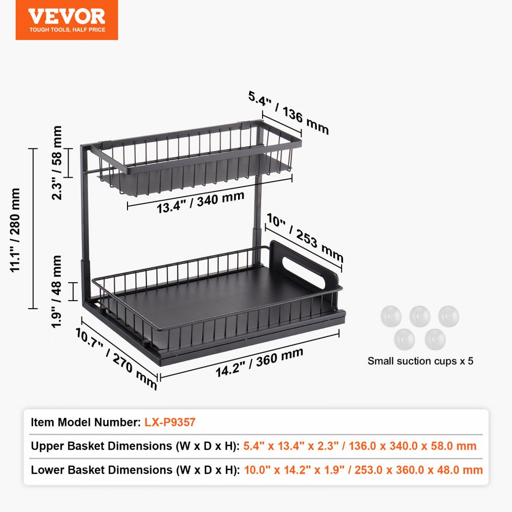 VEVOR 2 Tier Pull Out Cabinet Organizer(10.7"W x 14.2"D ), Under Sink Organizer and Storage, Slide Out Drawer Cabinet Organizer, Wire Basket Sliding Shelf, 12.5"Wx15.5"Dx13"H Install Size for Cabinet